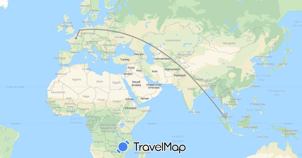 TravelMap itinerary: driving, plane in France, Malaysia, Netherlands (Asia, Europe)